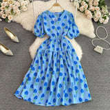 Summer Korean Version Of Gentle Temperament V-Collar Bubble Sleeves Waist A Large Pendulum Broken Flower Dress Elegant Dress-Outfit