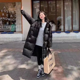 Black Down Cotton Clothes Women Long Over The Knee Winter 2024 New Korean Version Of Cotton-Padded Jacket Women Loose And Thick Padded Clothes-Outfit
