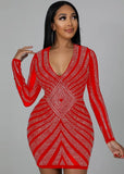 Winter Sexy Beaded U-neck Long Sleeve Bodycon Club