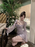 Sexy Dresses Women Bandage Square Collae Pile Up Sleeve Drawstring Solid Slim Elegant Mini Dress Ladies Vintage Fashion-Outfit