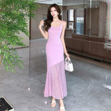 Stitched Pink Knitted Dress A New Summer Style For Women With Waist Halter And Perspective Fishtail Dress-Outfit