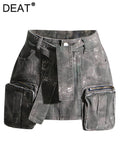 Women Denim Skirt Camouflage Slim Spliced Multiple Pockets Zippers Lace Up Belt Mini Skirts 2024 Summer New Fashion 29L244-Outfit