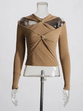 Toloer Temperamental Socialite Bottom Shirt 2024 Autumn New Shoulder Hollow Kink Design Slim Short Jacket Female-Outfit