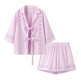 Summer New Fashion Collar Long-Sleeved Shirt + High Waist Hollow Shorts Women
