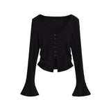 Fashion Women's Fashion Autumn And Winter New Spice Girl V-Neck Single-Breasted Flared Sleeve Knitted Cardigan Slim T-Shirt-Outfit