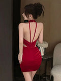 Woman Dress Sleeveless Halter Velvet Patchwork Mesh Hollow Out Slim Stretch Backless Party Dresses Elegant Female-Outfit