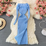 Women Korean Knitted Dress Long Sleeve O Neck Elastic Slim Pencil Dress Autumn Winter Sexy Bodycon Split Sweater