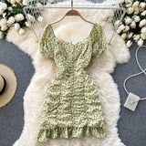 2021 Summer Chiffon Floral Dress Women Sexy Short Beach Dresses French Boho Daisy Print Vacation Party Ruched