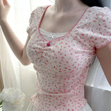 Aesthetic Lace Stitching Square Collar Short Sleeve Tee-Outfit