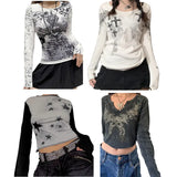 Women Gothic T-shirts Crop Tops Fall Winter y2k Clothes 2024 Fashion Classic Slim Long Sleeve Print Streetwear Tops-Outfit