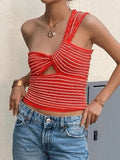 Knitted Stripe One Shoulder Tank Top-Outfit