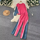 Toloer Version Of Casual Sports Suit Female Autumn Design Sense Loose And Versatile Round Collar Hoodie High Waist Jeans Splicing