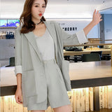 Casual Women Pant Suits Three-Quarter Sleeve Jacket Blazer & Button Fly Short Chic Female Short Suits OL Style Summer Work