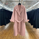 Winter 2021 Korean Handmade Double Sided Long Black 100% Sheep Wool Coat Women Loose Lacing Belt Pink Woolen