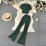 Summer Women Fashion Retro Plaid Set Short Sleeve Slim Short Tops+High Waist Long Flared Pants Two Piece