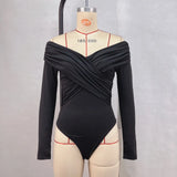 Toloer Women's Sexy Hot Girl Slim Top Solid Color Fashion V-Neck Splicing Long Sleeve Jumpsuit-Outfit
