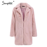 Simplee Elegant pink shaggy women faux fur coat streetwear Autumn winter warm plush teddy coat Female Solid overcoat