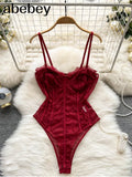 Women Solid Backless Bodysuits Fashion Korean Bodycon Strap Rompers 2022 Summer Streetwear Slim Lace Sexy