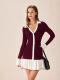 2025 New Short Dress Women's Fashion Lotus Side Knitted Dress Long-Sleeved Little Scented Style