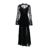 Autumn New Style Sexy Micro-Transparent Slim Dress Dark Lace Fishtail Long-Sleeved Dress Woman-Outfit