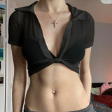 Toloer Girl Lapel Perspective Mesh Shirt Top Spring 2023 New Sexy Short Style With Short Sleeve Thin Shirt-Outfit