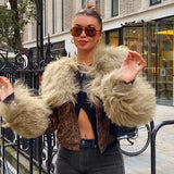 Sweetown Fur Trim Leopard Jackets Y2K Coats Women Vintage Grunge High Street Outwear Button Up Elegant Fashion Autumn