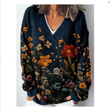Women's New 3D Color Pattern Printing V Collar Long Sleeve Lazy Leisure