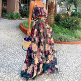 Women's New Fashion Floral Blouse Sling Lotus Leaf-Side Cake Dress Suit For