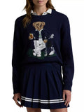 New Women's Bear Embroidered Retro Body Sweater College Style Knitted Shirt