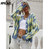Aproms Vintage Green Purple Plaid Knitted Cardigan Women Winter Oversized Soft Sweater Female High Fashion Outerwear