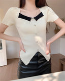 Collar Short-Sleeved T-Shirt Knitted Shirt Women's Summer New Bubble Sleeve French Collared Collarbone Knitted Blouse Korean Temperament