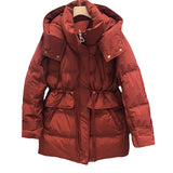 Down Jacket Female Long 2024 New Slim Tide Small Winter Hat Waist Rope Coat White Duck Down-Outfit