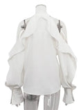 White High Neck Ruffled Cut Out Shirt-Outfit