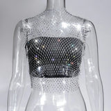 Toloer Nightclub Dresses Fishnet Hollow Out Rhinestone Vest Mesh Flash Diamond Sling Top