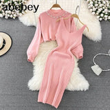 Beading Knitted Women Sets Loose Long Sleeves Sweater+ Solid Elastic Dress French Style Casual Two Piece