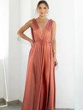 V Neck Silk Long Dress Women Sleeveless Sexy Party Dresses Women Backless Loose Summer Dresses Solid-Outfit