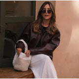 Burgundy Pu Leather Zipper Biker Jacket-Outfit