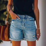 Autumn And Winter Women's Casual Hole Water Wash Denim Shorts Straight Trousers Tide