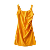 New Pleated Vest Dress Summer Women's Solid Color Square Collar Sleeveless Hip Skirt-Outfit