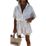 / Summer 2024 Women's New Solid Color Embroidered Lace Shirt Jumpsuit Suit-Outfit