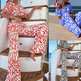 Toloer 993 Spot Women's Wear Autumn 2024 New One-Line Shoulder Short-Sleeved Top Print Pants Suit Two Sets-Outfit