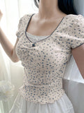 Sweet Cute Lace Trim Floral T Shirt Sexy Slim Patchwork Square Collar Short Sleeve Tees Women 2024 Summer Fashion Ladies-Outfit