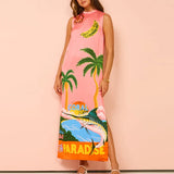 Summer New Sleeveless Round Collar Printing Holiday Style Casual Open Skirt Dress
