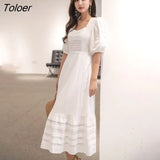 French White Dress Cotton Embroidered V-neck Elegant Ladies Dress Ruffle Hem Chic Autumn Dress Retro Luxury Brand