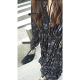 Toloer Wind V Collar Black Long Sleeve Floral Dress Female Summer Feeling Small Loose Bottom Long Skirt-Outfit