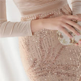 Winter Elegant Velvet With Sequins Deep V Neck Long Sleeve Slit Cocktail Eevening