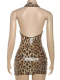 Leopard Print Halter Sequin Mini Dress-Outfit
