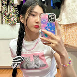 Korean Fashion Cute Crop Tops Kawaii Cat Print Short Sleeve T-shirts Kpop Women Japanese Style Sim Tee Shirts