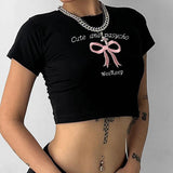 Girl Hit The Color Bow Embroidered Slim Short-Sleeved Blouse Ultra-Short Sweet Navel Sexy T-Shirt Girl-Outfit
