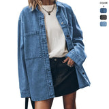 Women's Retro Long-Sleeved Denim Jacket Blue Big Pocket Casual Shirt